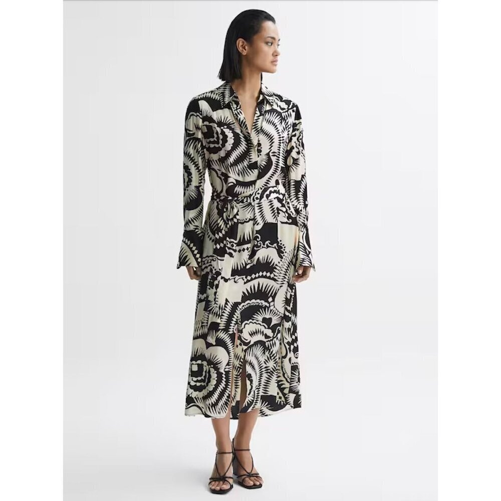 Reiss Womens Floral Printed Long Sleeve Midi Dress Size 6 White Ivory SP EXC